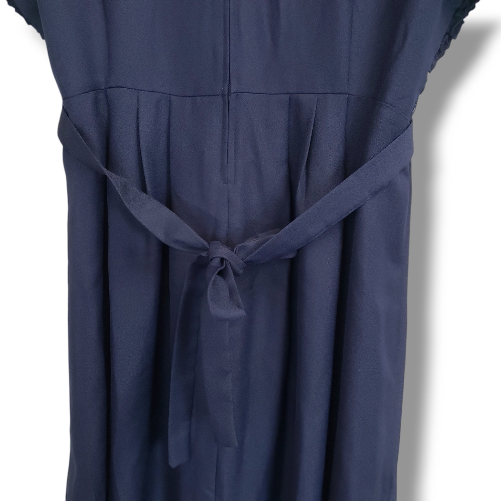 Vintage EJM Navy Blue Textured Belted Midi Dress Size 10 - Picture 7 of 10